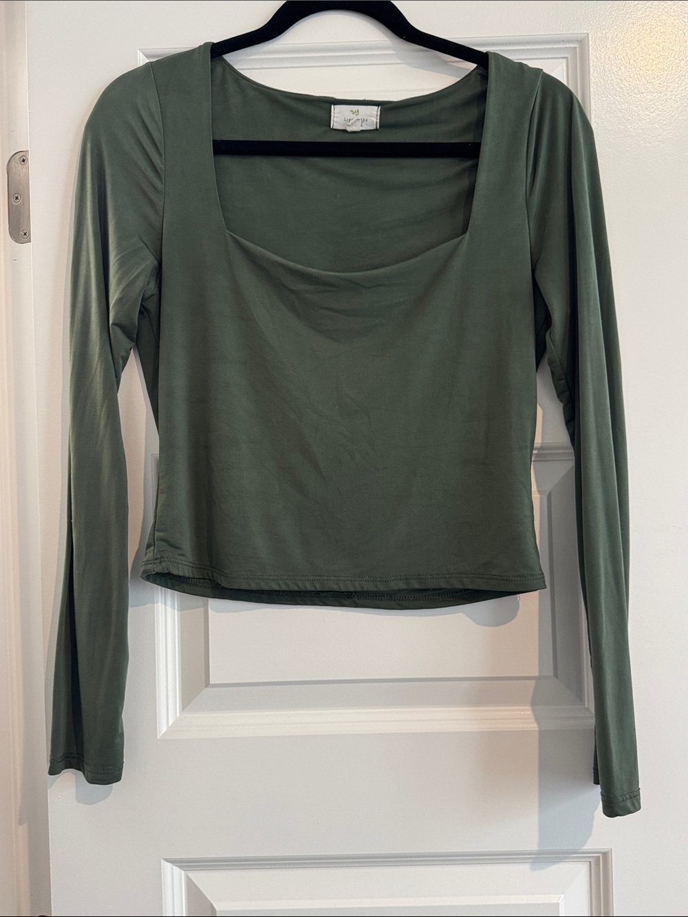Square Neck Olive Green Long Sleeve Top